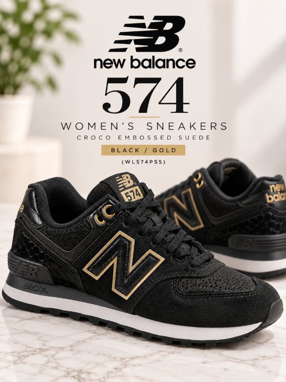 New Balance Women's 574 Croco Embossed Suede Sneakers - Black/Gold (WL574PSS)
